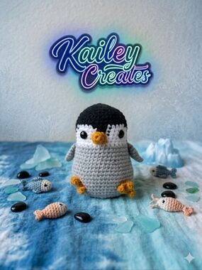 Handmade Grey Penguin Plush Stuffed Animal with Mustard Yellow Beak and Feet